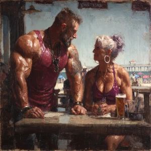 Hyperrealism photo painting,a muscular sweaty beefy man standing...