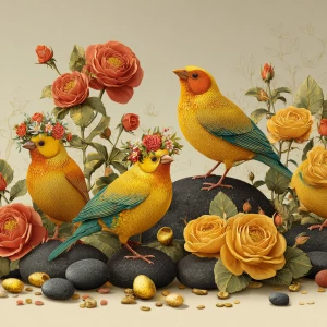 A vibrant and detailed digital illustration of a group of exotic...