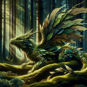 Create additional images of a stealthy forest dragon camouflaged...