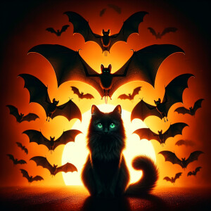 A group of bats in a orange background with a small black cat