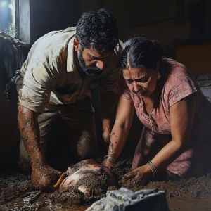 Hyperrealism art style.A sweaty beefy muscular man burying dead...