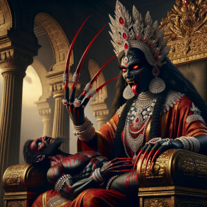 portrait of extremly angry looking goddess kali, black skinned, sitting on a gold crown and carrying a weak mahishasur on her lap and stabbing him with her amazing long red finger nails. She is wearing diamond armor, a huge diamond crown, red saree, abundant diamond jewelry, covered in blood. The scene is set in ancient India. The image is 8K resolution, cinematic, ultra detailed face and epic.