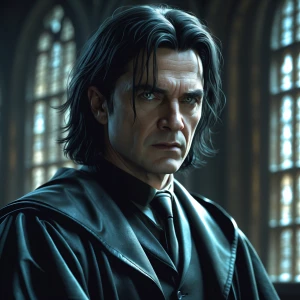 Create a detailed artwork of Alan Rickman as Severus Snape, capt...