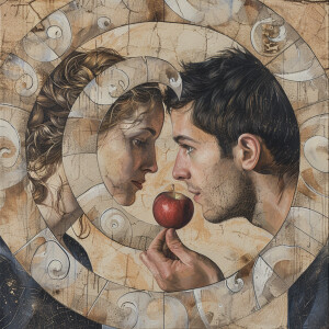 Illustrate the pivotal moment when Adam and Eve consumed the app...