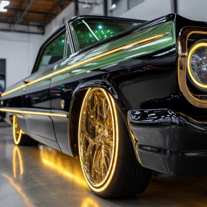 A stunning hydraulic lifted 64 Chevy impala on Dayton 100 spoke...