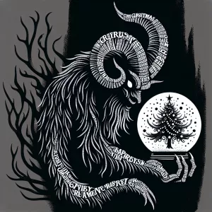 Krampus holds a snow globe in his hand, with a Christmas tree ca...