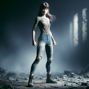 Skinny and thin Asian teen girl wearing skin tight jeans that are worn and frayed, long hair and bangs heroic ready to fight stance