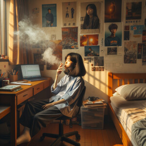 Schoolgirl smoking a cigarette in her room.