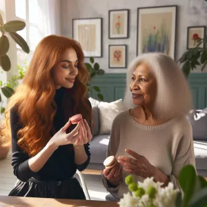 A 45-year-old long ginger-haired woman wearing a casual black en...