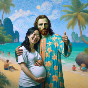 Realistic couple. Jesus Christ in clothes with tropical flowers....