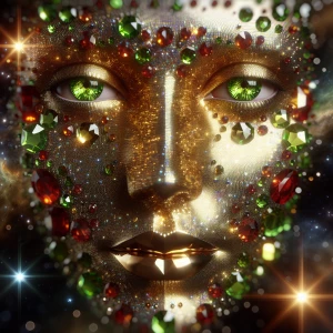 Close-up portrait of a radiant face made of precious gems, cente...
