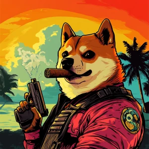 MEME DOGE in GTA art style, Doge hold a big gun and smoke a cig...