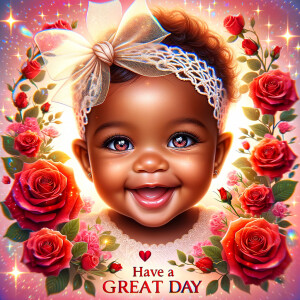 Create a vibrant and joyful image featuring an Light skin, African-American adorable baby with a captivating smile and sparkling eyes, exuding happiness and innocence. The baby wears a delicate headband with a graceful bow, suggesting a touch of elegance. Surrounding the baby are rich, red roses in full bloom, symbolizing love and beauty. The image radiates positivity and warmth, further enhanced by an overlay of magical sparkles and a message that reads "Have A Great Day" in cheerful, bold font. This composition should feel like a heartwarming greeting, perfect for spreading cheer and good wishes.