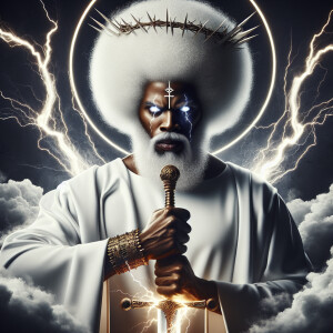 A powerful figure with a white Afro, white robe, and a large swo...