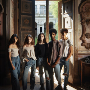 Two girls and two guys are standing in an abandoned mansion. The...