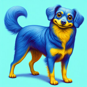 Blue dog with big eyes and yellow stomach