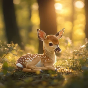 A delicate baby deer (fawn) nestled in a serene forest clearing,...