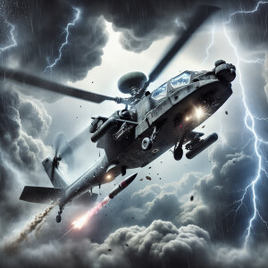 A Army helicopter struck by missile, falling from the sky, with...