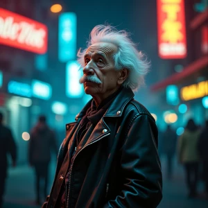 Albert Einstein in a surrealist Cyberpunk 2077 world