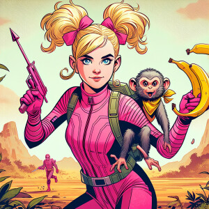 Comic book style blonde in pink unitard, pig tails. Has bananas...