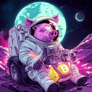 Cute cartoon pig in vintage white spacesuit and NASA style helme...