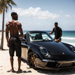 Give me an African American man getting into a black Porsche at...