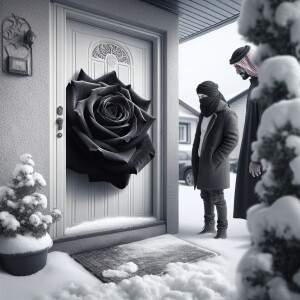 On the threshold of their house, in winter, a man and a woman fo...
