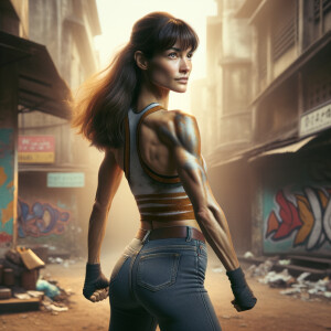 Athletic Thin skinny Attractive, Asian teenage girl, long brown hair and bangs, wearing tight skinny jeans and a halter top paint marks on her clothing, heroic pose Asian graffiti background, backside view