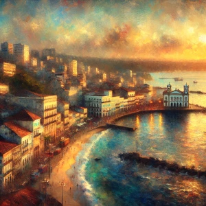 Create an image in the style of J.M.W. Turner depicting the cityscape of Salvador, Bahia, Brazil, capturing the interplay of light and color typical of Turner's paintings.