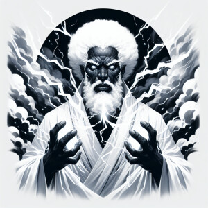 Dressed in a white robe.  Black Christ.  White Afro.  White bear...