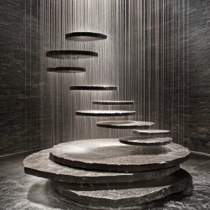 Creates an image of a gravity-defying fountain composed of separ...