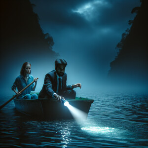 A guy and a girl are sailing on a boat in the middle of the lake...