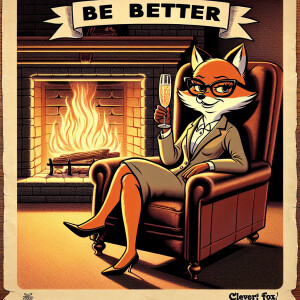 A studious female fox sitting in a leather recliner. Toasting wi...