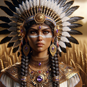 Create a 3-D beautiful, majestic Indigenous woman with a richly detailed headdress made of white feathers and beaded headband adorned with purple gems. Her dark brown hair is styled in long, thick braids that fall over her shoulders. She has face paint below her eyes and is adorned with elaborate golden jewelry, including a necklace with a prominent sun pendant, intricate chest armor, and dangling earrings with purple jewels. The background suggests a natural, earthy setting with hints of golden wheat, enhancing her regal and warrior-like presence."