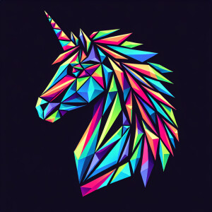 Create an image of a unicorn head composed of geometric prisms,...