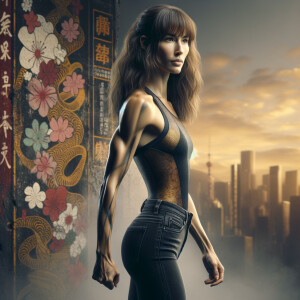 Athletic Thin skinny Attractive, Asian teenage girl, long brown hair and bangs, wearing tight skinny jeans and a halter top paint marks on her clothing, heroic pose Asian graffiti background, backside view