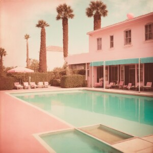 Create one photo frame of a pink themed hotel with a neon sign c...