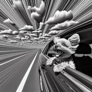 funny photograph. linear perspective. Yorkie with head out of sp...
