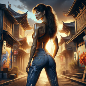 Athletic Thin skinny Attractive, Asian teenage girl, long brown hair and bangs, wearing tight skinny jeans and a halter top paint marks on her clothing, heroic pose Asian graffiti background, backside view