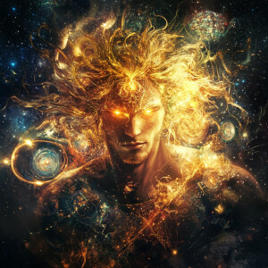 A shape-shifter human with golden hair and glowing eyes transfor...