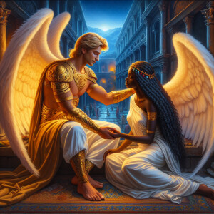 Create an oil painting image featuring a male angel and a grievi...