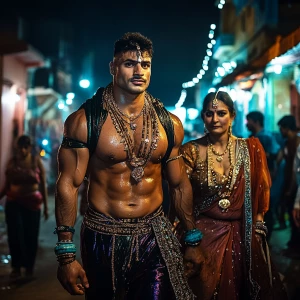 A muscular Gujarati man with glistening sweat on his body, accom...