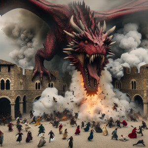The red dragon destroys the castle. People run in panic.