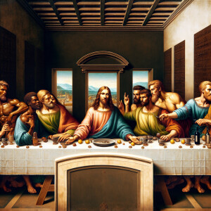 Prompt: Hyperrealistic image of the last supper painting by Leon...