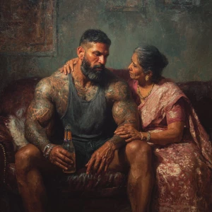 Realism,  painting.a muscular beefy sweaty tattoed indian man si...