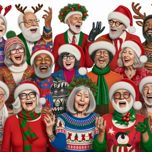 A chorus of animated the old hippies singing Christmas carols, e...