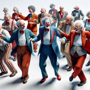 Create a hyper-realistic image of several elderly clowns wearing...