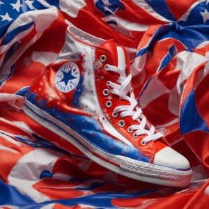 Photorealistic. High heeled  red, white & blue patriotic Convers...