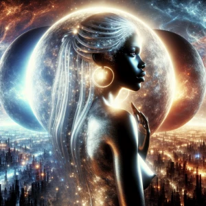 A ethereally luminous moon Goddess, her Nigerian color and figure outlined against the backdrop of a star-studded night sky. This breathtaking portrait photograph captures her graceful silhouette in profile, with flowing silver hair cascading down her back. The celestial body's serene expression exudes wisdom and power, while her eyes seem to hold secrets of the universe. The image is expertly composed, with a soft, celestial glow that highlights her otherworldly beauty. Truly a masterpiece of celestial photography. In the half earth and half metallic world of this alternate dimension, known as Xironia, the sky is a dazzling display of dual suns, casting a mesmerizing glow upon the landscape of gleaming silver and shimmering gold. The inhabitants of Xironia have adapted to the vibrant hues of the twin suns, their metallic bodies reflecting and refracting the intense light in a symphony of colors. As the two suns move gracefully across the sky, their light dances upon the intricate architecture of the cities, turning them into radiant beacons of technology and innovation. Life on Xironia revolves around the dual suns, their presence shaping the very essence of this exotic world and fueling the fires of creativity and ambition in its denizens. Explore the wonders of Xironia, where the brilliance of two suns illuminates a landscape of mystery and marvels beyond imagination.