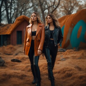2 female models showcasing trendy leather jackets